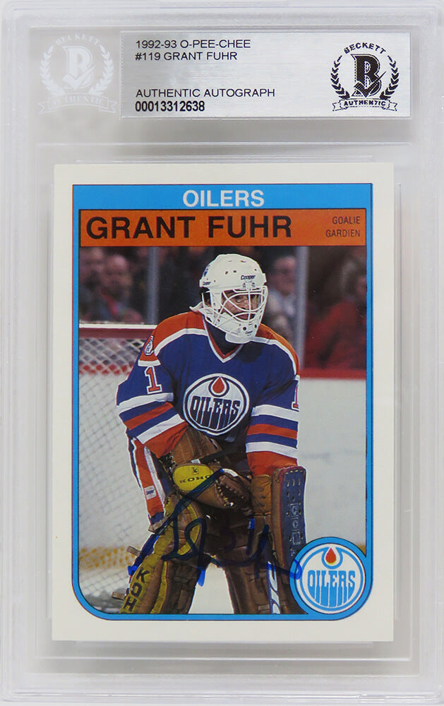 Grant Fuhr Signed Edmonton Oilers 1992-93 O-Pee-Chee Hockey Trading Card #19 - (Beckett Encapsulated) - FUHCAR401 - Grant Fuhr Signed Edmonton Oilers 1992-93 O-Pee-Chee Hockey Trading Card #19 - (Beckett Encapsulated) product image