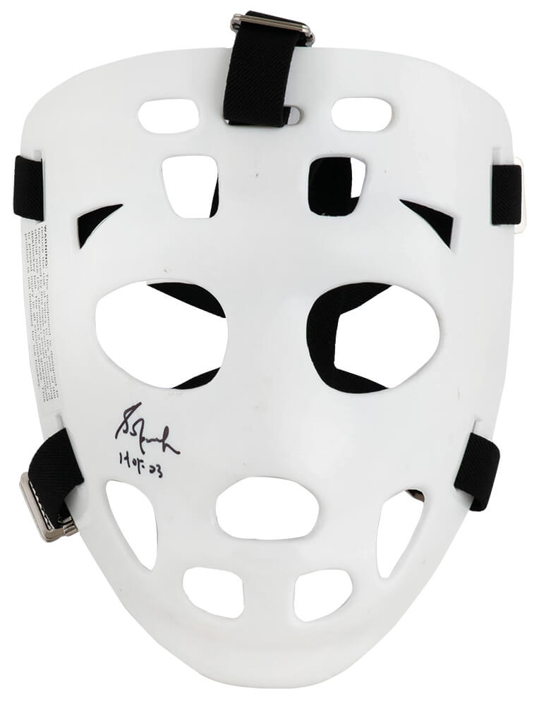 Grant Fuhr Signed White Throwback Hockey Goalie Mask With Black Straps w/HOF'03 - FUHMAS414 - Grant Fuhr Signed White Throwback Hockey Goalie Mask With Black Straps w/HOF'03 product image