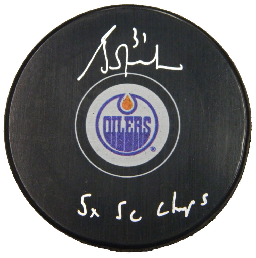 Grant Fuhr Signed Edmonton Oilers Logo Hockey Puck w/5x SC Champs - FUHPUC402 - Grant Fuhr Signed Edmonton Oilers Logo Hockey Puck w/5x SC Champs product image