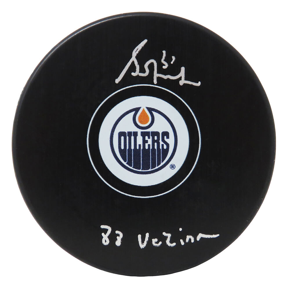Grant Fuhr Signed Edmonton Oilers Logo Hockey Puck w/88 Vezina - FUHPUC404 - Grant Fuhr Signed Edmonton Oilers Logo Hockey Puck w/88 Vezina product image
