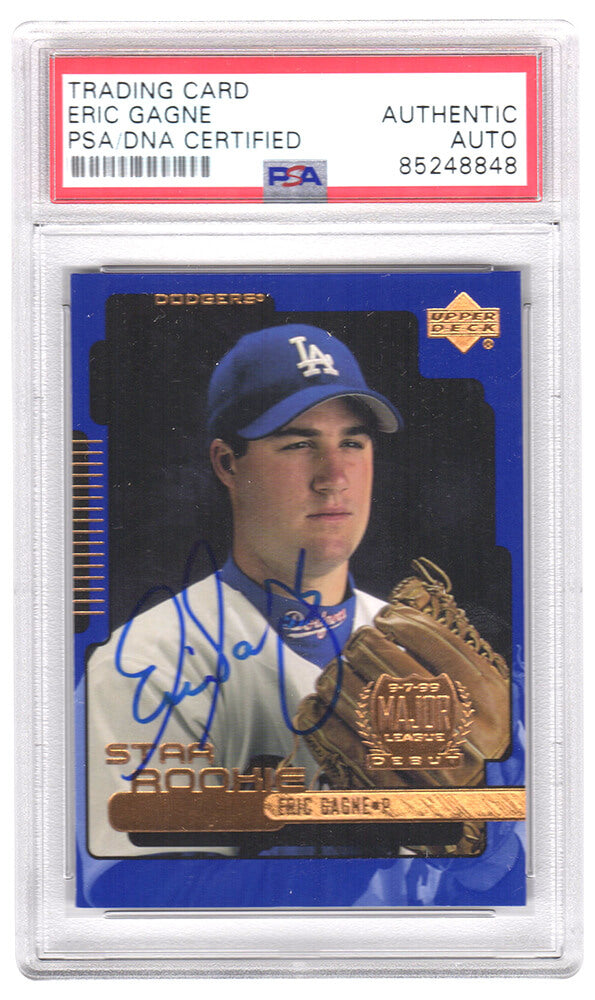 Eric Gagne Signed Los Angeles Dodgers 1999 Upper Deck Rookie Baseball Trading Card #11 - (PSA Encapsulated) - GAGCAR100 - Eric Gagne Signed Los Angeles Dodgers 1999 Upper Deck Rookie Baseball Trading Card #11 - (PSA Encapsulated) product image