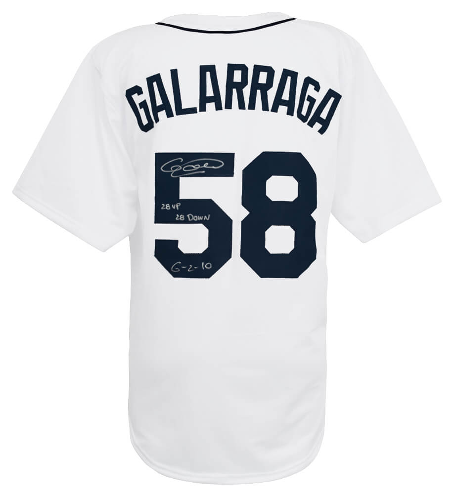 Armando Galarraga Signed White Custom Baseball Jersey w/28 Up 28 Down 6-2-10 - GALJRY101 - Armando Galarraga Signed White Custom Baseball Jersey w/28 Up 28 Down 6-2-10 product image