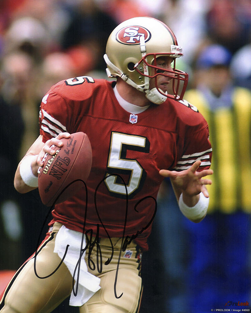 Jeff Garcia Signed San Francisco 49ers Red Jersey Passing Action 8x10 Photo - GAR08P300 - Jeff Garcia Signed San Francisco 49ers Red Jersey Passing Action 8x10 Photo product image