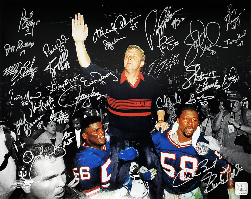 New York Giants Super Bowl XXI / XXV Team Signed Bill Parcells Carried Off Field Spotlight 16x20 Photo (29 Sigs) - GIA16P310 - New York Giants Super Bowl XXI / XXV Team Signed Bill Parcells Carried Off Field Spotlight 16x20 Photo (29 Sigs) product image