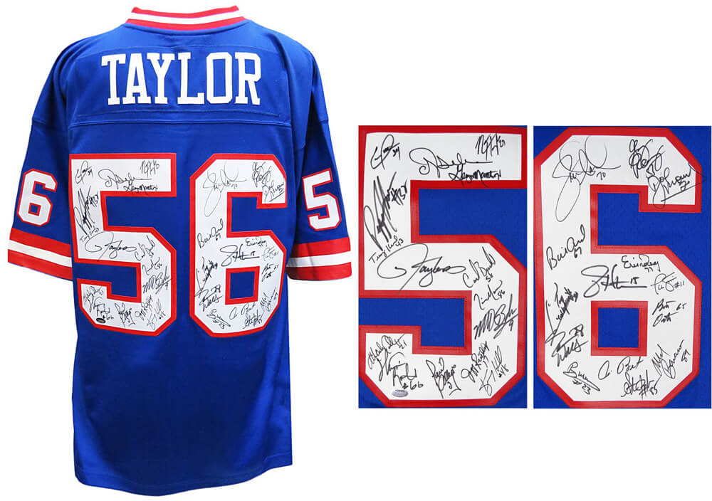 New York Giants Super Bowl XXI / XXV Team Signed Giants Lawrence Taylor #56 Blue Mitchell & Ness Premier Jersey (29 Sigs) - GIAJRY300 - New York Giants Super Bowl XXI / XXV Team Signed Giants Lawrence Taylor #56 Blue Mitchell & Ness Premier Jersey (29 Sigs) product image