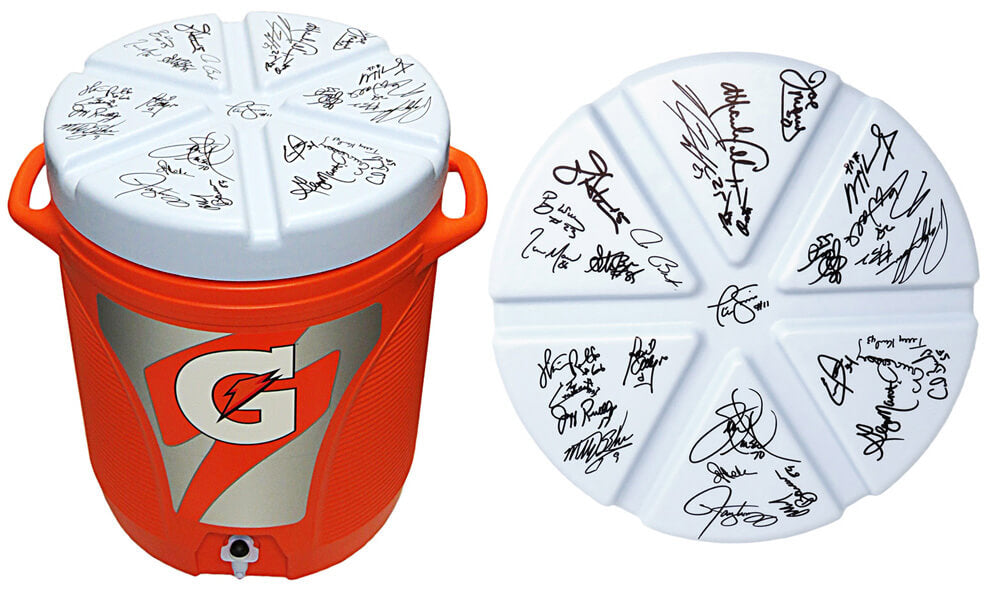 New York Giants SB XXI / XXV Team Signed Gatorade 10 Gallon Orange Dispenser Cooler (28 Sigs) - GIAOTH300 - New York Giants SB XXI / XXV Team Signed Gatorade 10 Gallon Orange Dispenser Cooler (28 Sigs) product image