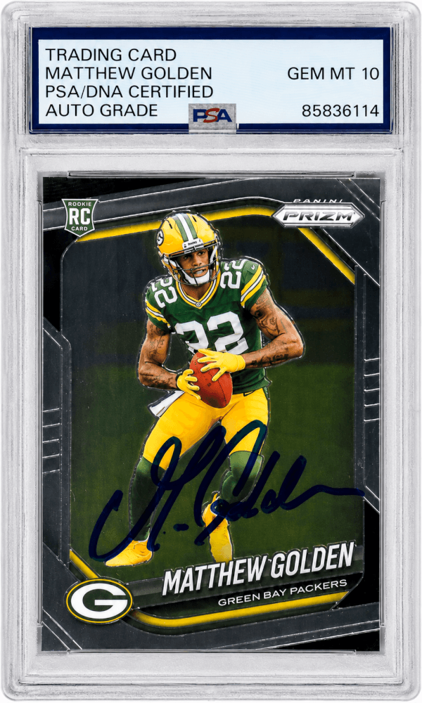 Matthew Golden Signed Packers 2025 Panini Prizm Rookie Football Card #326 - (PSA Encapsulated - Auto Grade 10) - GOLCAR301 - Matthew Golden Signed Packers 2025 Panini Prizm Rookie Football Card #326 - (PSA Encapsulated - Auto Grade 10) product image