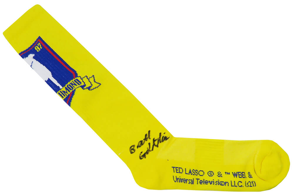 Brett Goldstein (Roy Kent) Signed Ted Lasso AFC Richmond Crest Yellow Soccer Sock - GOLOTH501 - Brett Goldstein (Roy Kent) Signed Ted Lasso AFC Richmond Crest Yellow Soccer Sock product image