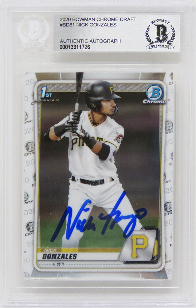 Nick Gonzales Signed Pittsburgh Pirates 2020 Topps Bowman Chrome Baseball Rookie Card #BD-81 (Beckett Encapsulated) - GONCAR101 - Nick Gonzales Signed Pittsburgh Pirates 2020 Topps Bowman Chrome Baseball Rookie Card #BD-81 (Beckett Encapsulated) product image