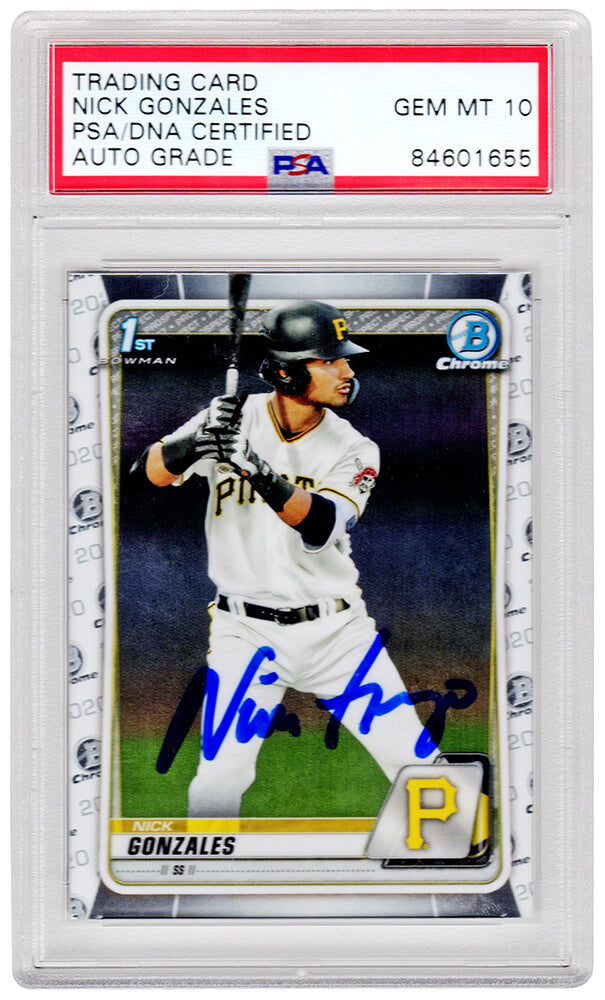 Nick Gonzales Signed Pittsburgh Pirates 2020 Topps Bowman Chrome Baseball Rookie Card #BD-81 (PSA/DNA - Auto Grade 10) - GONCAR104 - Nick Gonzales Signed Pittsburgh Pirates 2020 Topps Bowman Chrome Baseball Rookie Card #BD-81 (PSA/DNA - Auto Grade 10) product image