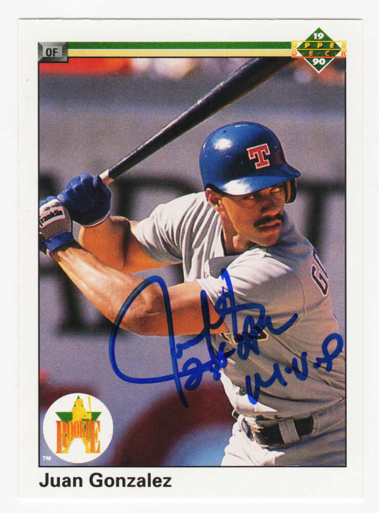 Juan Gonzalez Signed Texas Rangers 1990 Upper Deck Rookie Baseball Card #72 w/2x AL MVP - GONCAR120 - Juan Gonzalez Signed Texas Rangers 1990 Upper Deck Rookie Baseball Card #72 w/2x AL MVP product image