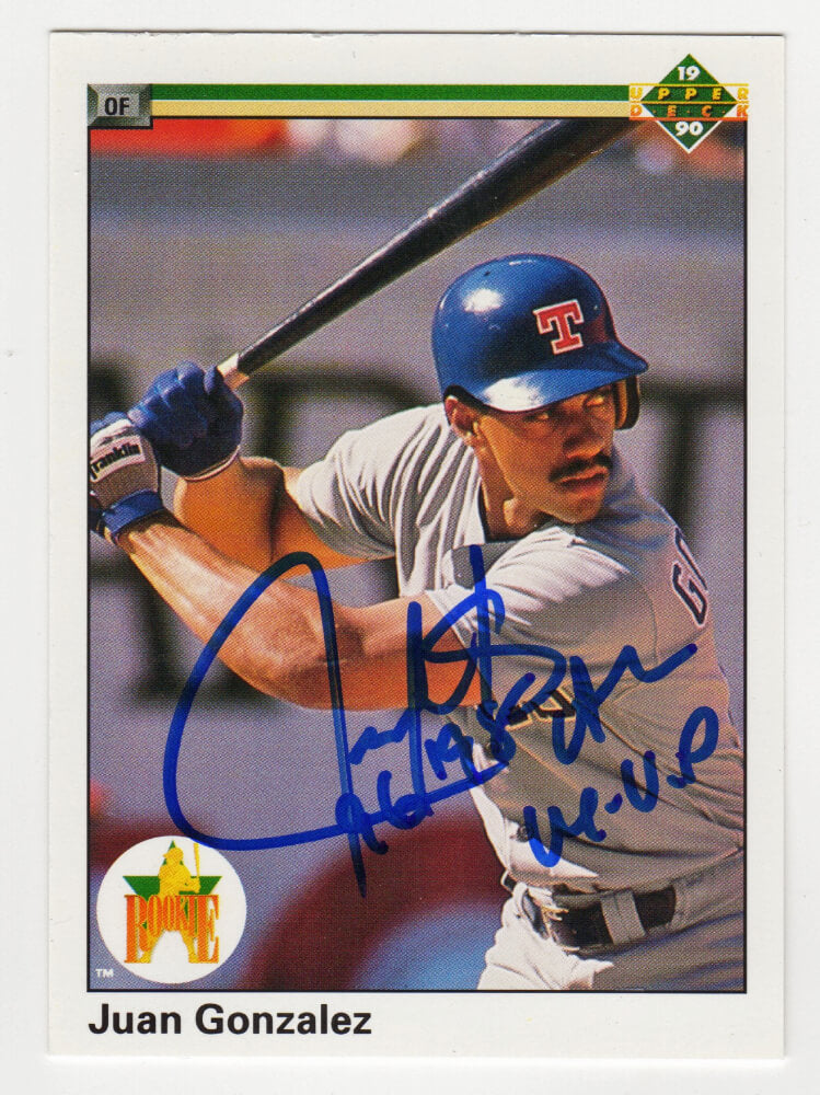 Juan Gonzalez Signed Texas Rangers 1990 Upper Deck Rookie Baseball Card #72 w/96, 98 AL MVP - GONCAR121 - Juan Gonzalez Signed Texas Rangers 1990 Upper Deck Rookie Baseball Card #72 w/96, 98 AL MVP product image