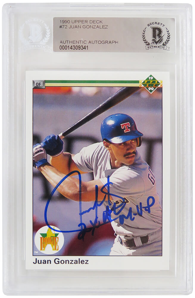 Juan Gonzalez Signed Texas Rangers 1990 Upper Deck Rookie Baseball Card #72 w/2x AL MVP - (Beckett Encapsulated) - GONCAR122 - Juan Gonzalez Signed Texas Rangers 1990 Upper Deck Rookie Baseball Card #72 w/2x AL MVP - (Beckett Encapsulated) product image