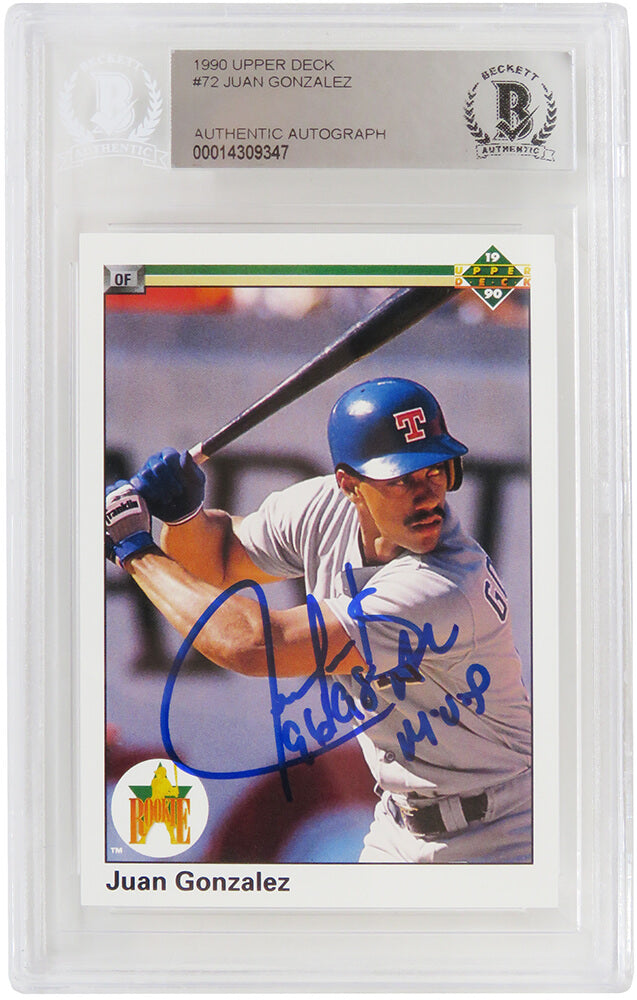 Juan Gonzalez Signed Texas Rangers 1990 Upper Deck Rookie Baseball Card #72 w/96, 98 AL MVP - (Beckett Encapsulated) - GONCAR123 - Juan Gonzalez Signed Texas Rangers 1990 Upper Deck Rookie Baseball Card #72 w/96, 98 AL MVP - (Beckett Encapsulated) product image
