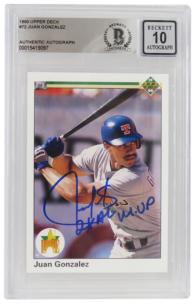 Juan Gonzalez Signed Rangers 1990 Upper Deck Rookie Baseball Card #72 w/2x AL MVP - (Beckett - Auto Grade 10) - GONCAR125 - Juan Gonzalez Signed Rangers 1990 Upper Deck Rookie Baseball Card #72 w/2x AL MVP - (Beckett - Auto Grade 10) product image