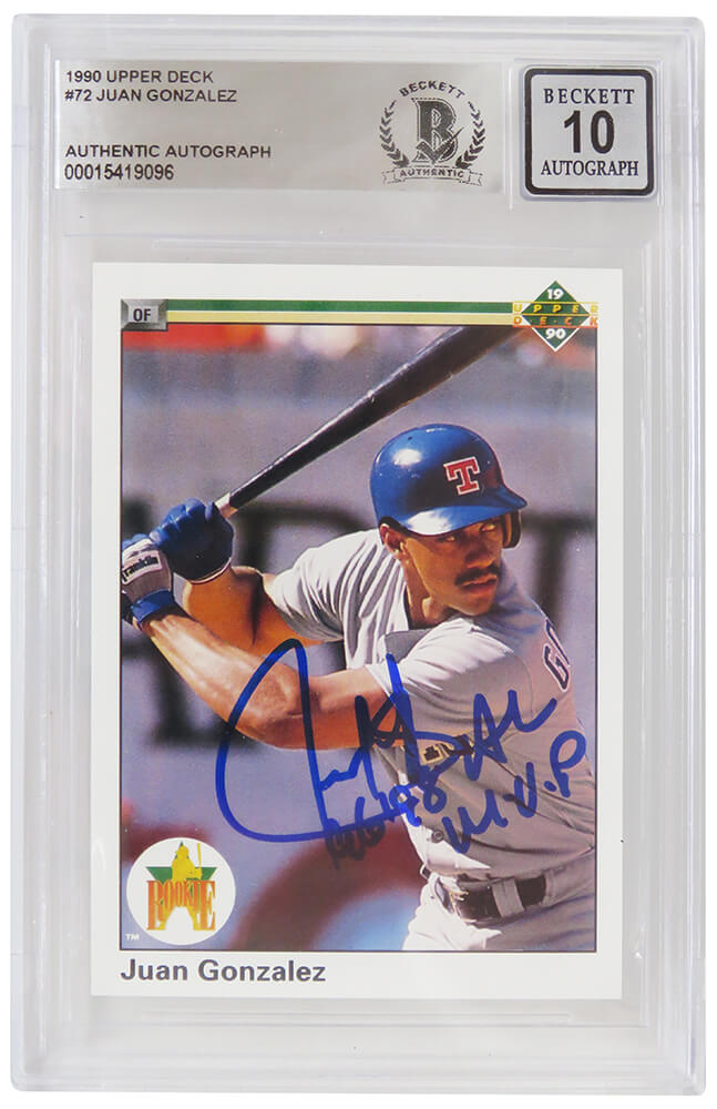 Juan Gonzalez Signed Rangers 1990 Upper Deck Rookie Baseball Card #72 w/96, 98 AL MVP - (Beckett - Auto Grade 10) - GONCAR126 - Juan Gonzalez Signed Rangers 1990 Upper Deck Rookie Baseball Card #72 w/96, 98 AL MVP - (Beckett - Auto Grade 10) product image