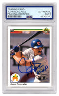 Juan Gonzalez Signed Rangers 1990 Upper Deck Rookie Baseball Card #72 w/2x AL MVP - (PSA Encapsulated) - GONCAR129 - Juan Gonzalez Signed Rangers 1990 Upper Deck Rookie Baseball Card #72 w/2x AL MVP - (PSA Encapsulated) product image