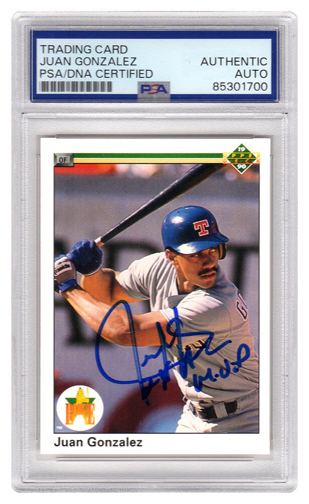 Juan Gonzalez Signed Rangers 1990 Upper Deck Rookie Baseball Card #72 w/2x AL MVP - (PSA Encapsulated) - GONCAR129 - Juan Gonzalez Signed Rangers 1990 Upper Deck Rookie Baseball Card #72 w/2x AL MVP - (PSA Encapsulated) product image