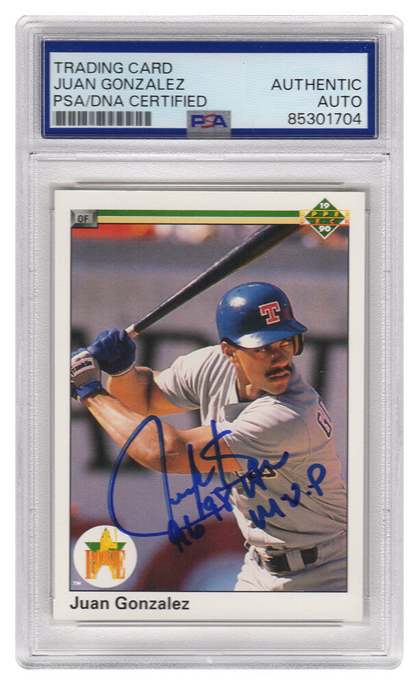 Juan Gonzalez Signed Rangers 1990 Upper Deck Rookie Baseball Card #72 w/96, 98 AL MVP - (PSA Encapsulated) - GONCAR130 - Juan Gonzalez Signed Rangers 1990 Upper Deck Rookie Baseball Card #72 w/96, 98 AL MVP - (PSA Encapsulated) product image