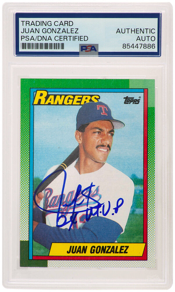 Juan Gonzalez Signed Texas Rangers 1990 Topps Rookie Baseball Card #331 w/2x MVP - (PSA Encapsulated) - GONCAR136 - Juan Gonzalez Signed Texas Rangers 1990 Topps Rookie Baseball Card #331 w/2x MVP - (PSA Encapsulated) product image