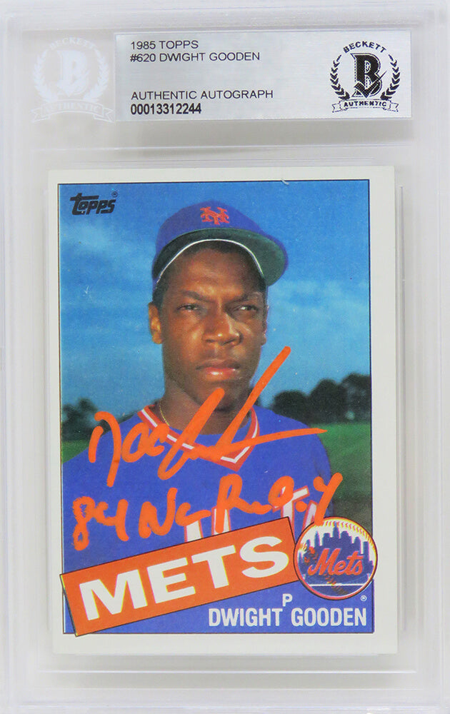 Dwight Gooden Signed New York Mets 1985 Topps Baseball Rookie Card #620 w/84 NL ROY - (Beckett Encapsulated) - GOOCAR110 - Dwight Gooden Signed New York Mets 1985 Topps Baseball Rookie Card #620 w/84 NL ROY - (Beckett Encapsulated) product image