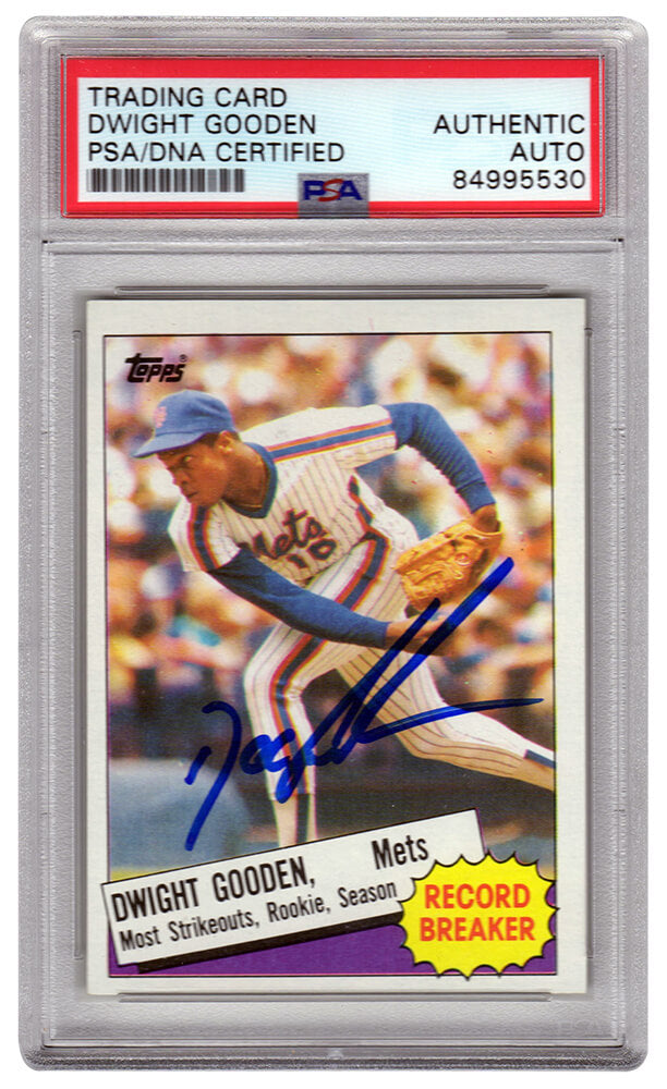 Dwight Gooden Signed Mets 1985 Topps Record Breaker Baseball Trading Card #3 - (PSA Encapsulated) - GOOCAR113 - Dwight Gooden Signed Mets 1985 Topps Record Breaker Baseball Trading Card #3 - (PSA Encapsulated) product image
