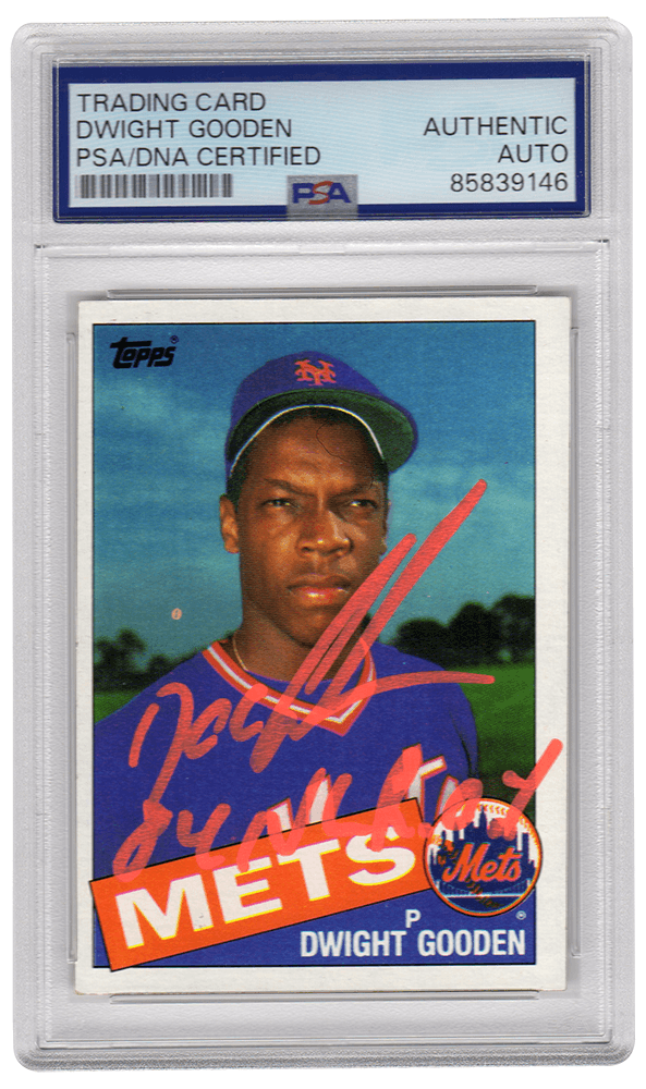 Dwight Gooden Signed Mets 1985 Topps Rookie Baseball Card #620 w/84 NL ROY (In Orange) - (PSA Encapsulated) - GOOCAR119 - Dwight Gooden Signed Mets 1985 Topps Rookie Baseball Card #620 w/84 NL ROY (In Orange) - (PSA Encapsulated) product image