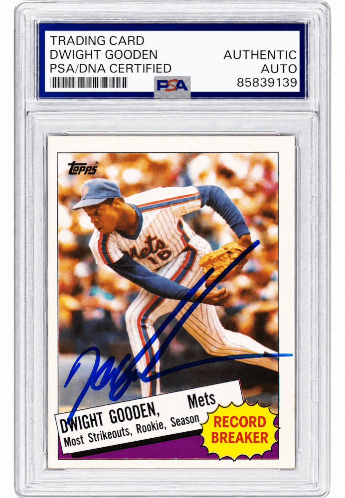 Dwight Gooden Signed Mets 1985 Topps Record Breaker Baseball Card #3 - (PSA Encapsulated) - GOOCAR121 - Dwight Gooden Signed Mets 1985 Topps Record Breaker Baseball Card #3 - (PSA Encapsulated) product image