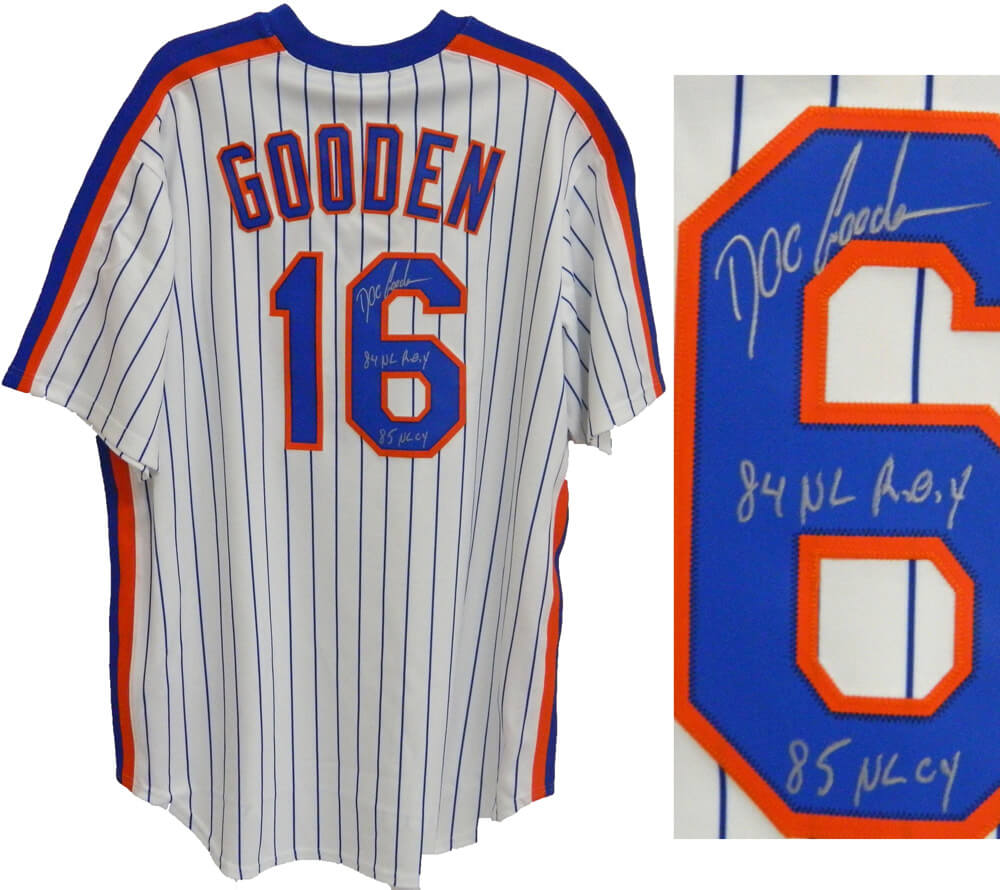 Dwight "Doc" Gooden Signed Mets White Cooperstown Jersey w/84 ROY, 85 CY - GOOJRY100 - Dwight "Doc" Gooden Signed Mets White Cooperstown Jersey w/84 ROY, 85 CY product image