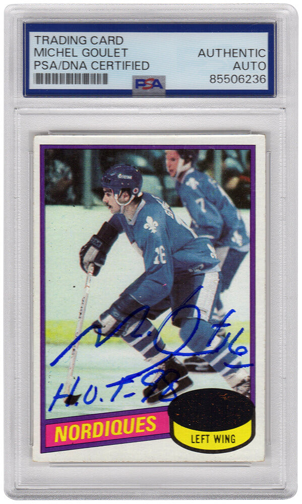 Michel Goulet Signed Quebec Nordiques 1980 Topps Rookie Hockey Trading Card #67 w/HOF'98 - (PSA Encapsulated) - GOUCAR403 - Michel Goulet Signed Quebec Nordiques 1980 Topps Rookie Hockey Trading Card #67 w/HOF'98 - (PSA Encapsulated) product image