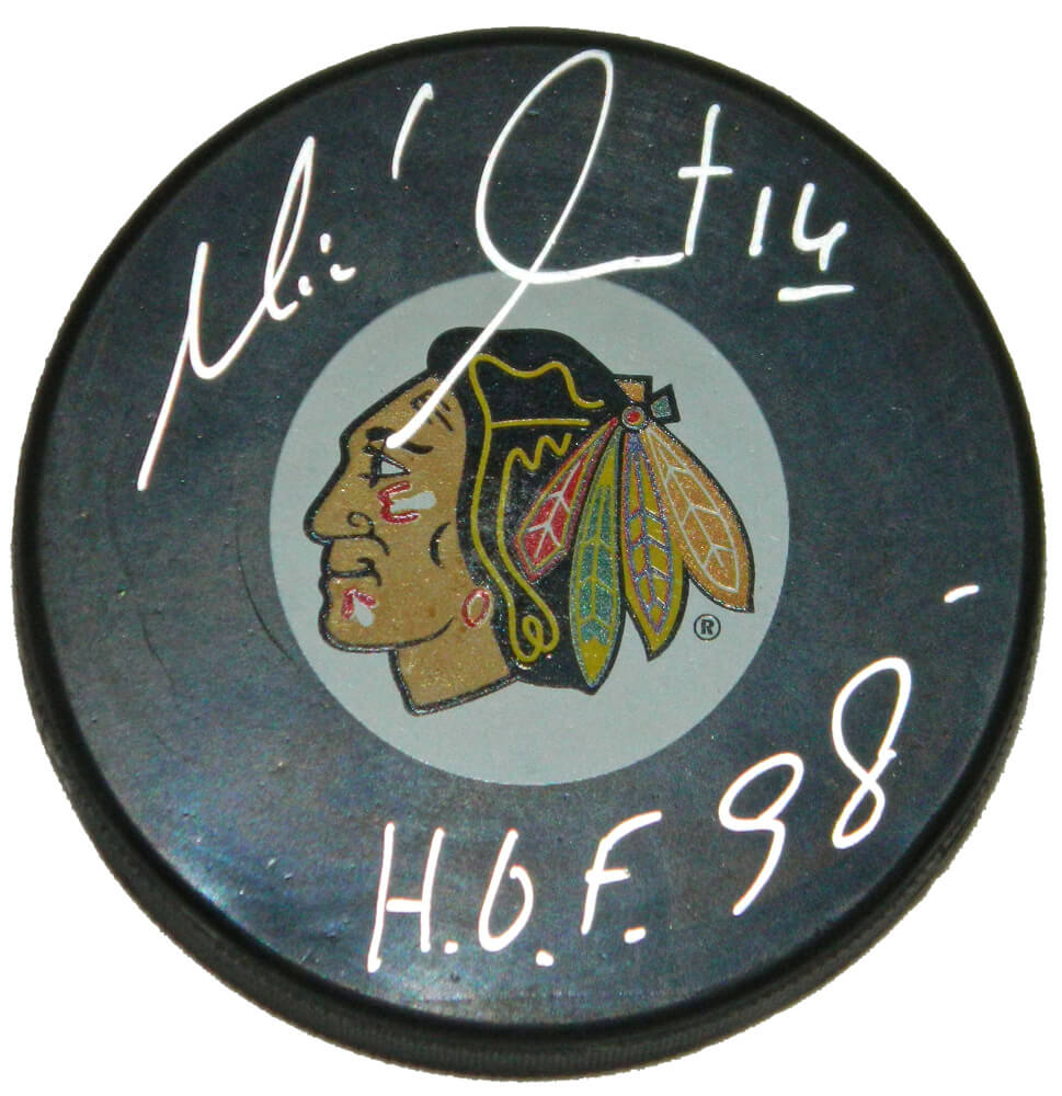 Michel Goulet Signed Blackhawks Logo Hockey Puck w/HOF'98 - GOUPUC401 - Michel Goulet Signed Blackhawks Logo Hockey Puck w/HOF'98 product image