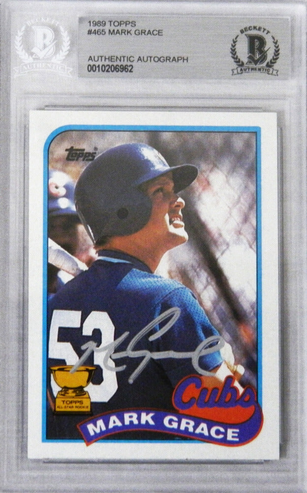 Mark Grace Signed Chicago Cubs 1989 Topps All Star Rookie Baseball Trading Card #465 (Beckett Encapsulated) - GRACAR102 - Mark Grace Signed Chicago Cubs 1989 Topps All Star Rookie Baseball Trading Card #465 (Beckett Encapsulated) product image