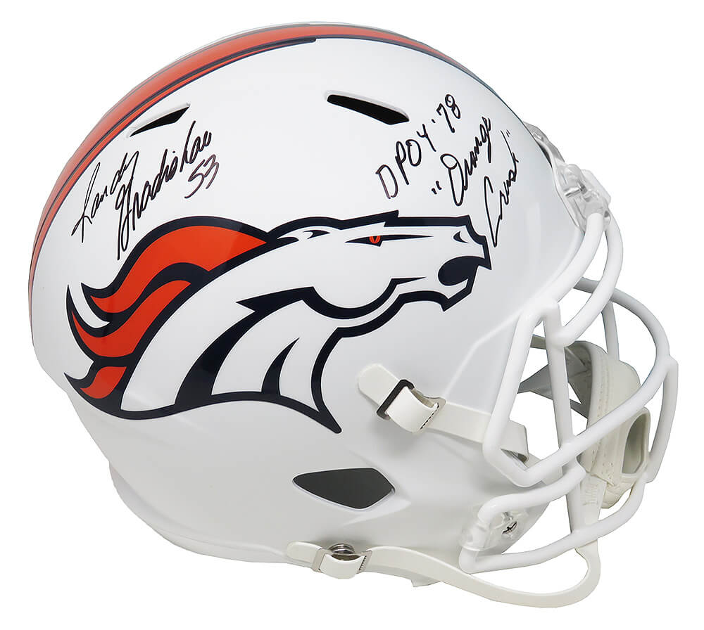 Randy Gradishar Signed Denver Broncos Flat White Matte Riddell Full Size Speed Replica Helmet w/DPOY'78 & Orange Crush - GRAREP312 - Randy Gradishar Signed Denver Broncos Flat White Matte Riddell Full Size Speed Replica Helmet w/DPOY'78 & Orange Crush product image