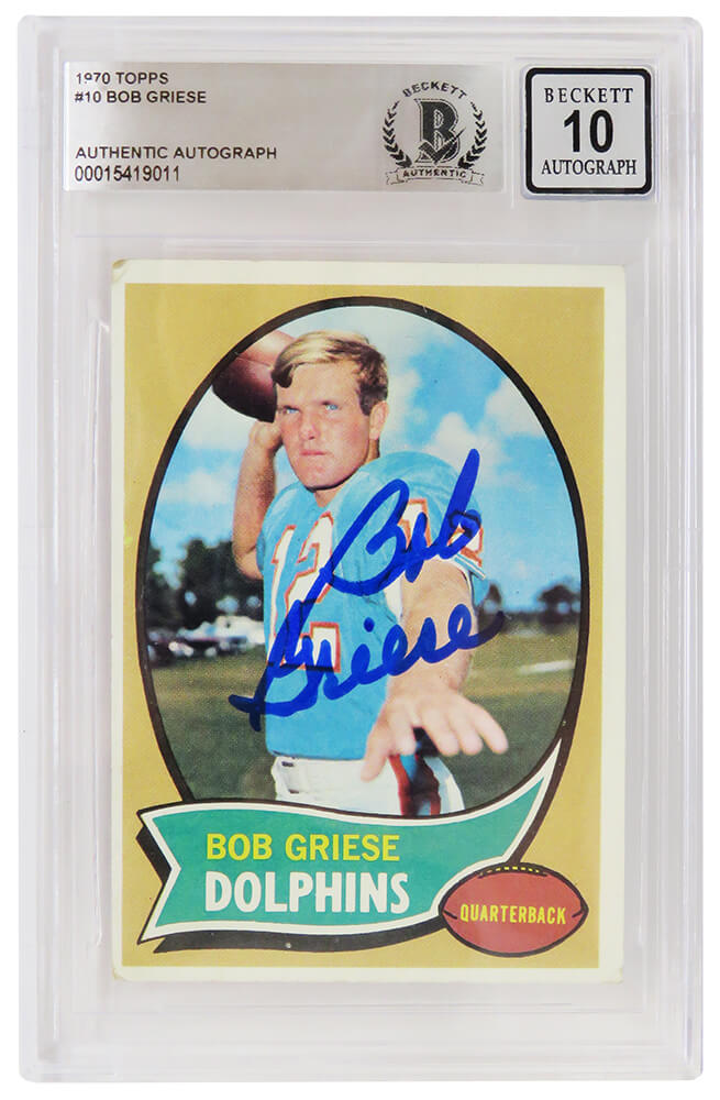 Bob Griese Signed Miami Dolphins 1970 Topps Football Trading Card #10 - (Beckett - Auto Grade 10) - GRICAR305 - Bob Griese Signed Miami Dolphins 1970 Topps Football Trading Card #10 - (Beckett - Auto Grade 10) product image