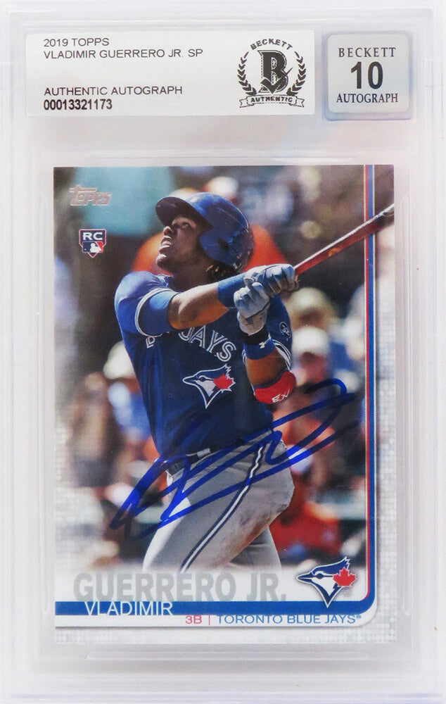 Vladimir Guerrero Jr Signed Toronto Blue Jays 2019 Topps Series 2 Rookie Baseball Trading Card (No #) (Beckett Encapsulated/ Auto Grade 10) - GUECAR102 - Vladimir Guerrero Jr Signed Toronto Blue Jays 2019 Topps Series 2 Rookie Baseball Trading Card (No #) (Beckett Encapsulated/ Auto Grade 10) product image