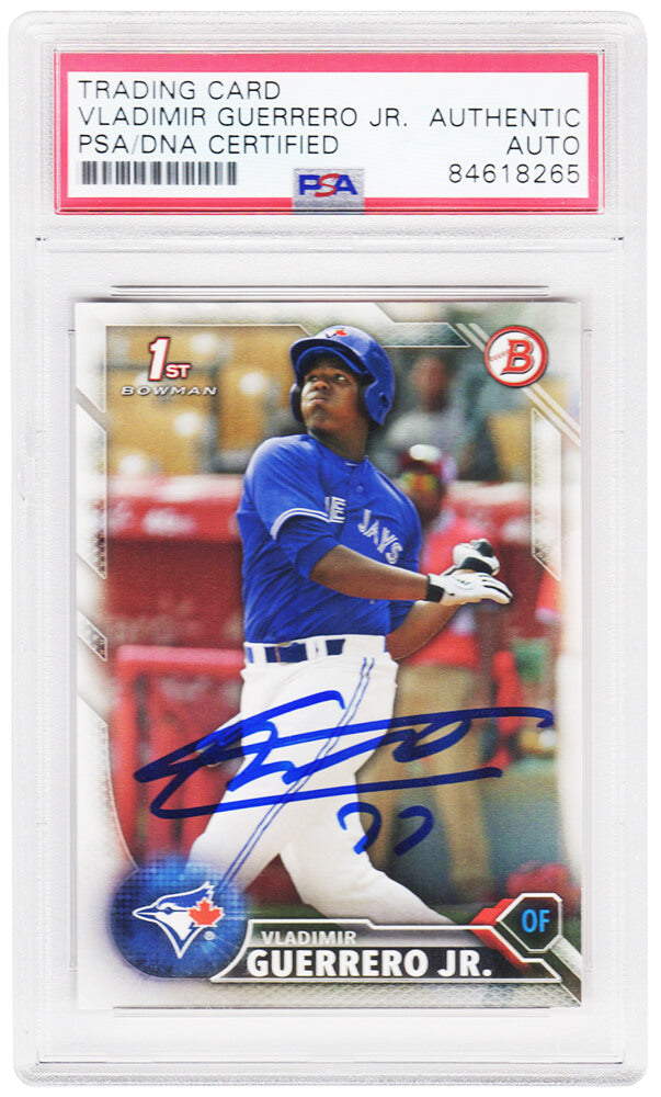 Vladimir Guerrero Jr Signed Blue Jays 2016 Topps Bowman Rookie Card #BP55 - (Vlad Holo)(PSA Encapsulated) - GUECAR109 - Vladimir Guerrero Jr Signed Blue Jays 2016 Topps Bowman Rookie Card #BP55 - (Vlad Holo)(PSA Encapsulated) product image