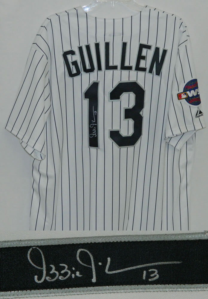 Ozzie Guillen Signed White Sox White Pinstripe Replica Jersey w/05 WS Patch - GUIJRY100 - Ozzie Guillen Signed White Sox White Pinstripe Replica Jersey w/05 WS Patch product image