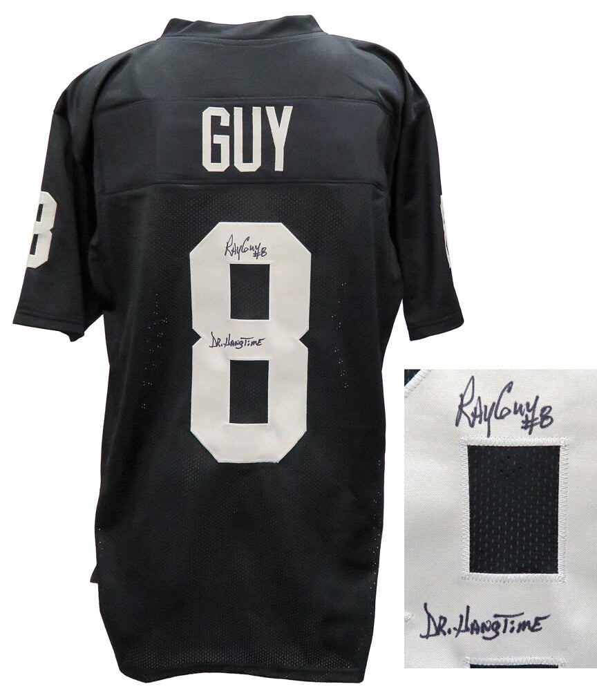 Ray Guy Signed Black Custom Football Jersey w/Dr. Hangtime - GUYJRY303 - Ray Guy Signed Black Custom Football Jersey w/Dr. Hangtime product image