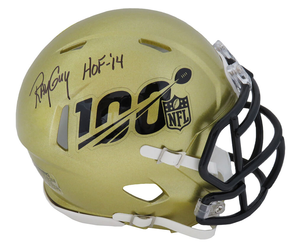 Ray Guy Signed NFL 100th Season Logo Gold Riddell Speed Mini Helmet w/HOF'14 - GUYMIN305 - Ray Guy Signed NFL 100th Season Logo Gold Riddell Speed Mini Helmet w/HOF'14 product image