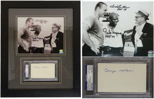 George Halas, Dick Butkus & Gale Sayers Signed Autographed & Framed Bears Legends Piece - HALFRA300 - George Halas, Dick Butkus & Gale Sayers Signed Autographed & Framed Bears Legends Piece product image