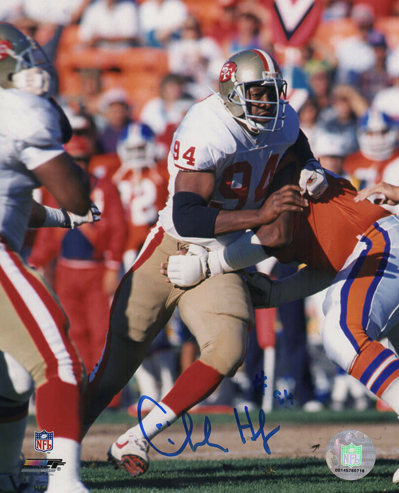 Charles Haley Signed San Francisco 49ers White Jersey Action vs Broncos 8x10 Photo - HAL08P300 - Charles Haley Signed San Francisco 49ers White Jersey Action vs Broncos 8x10 Photo product image
