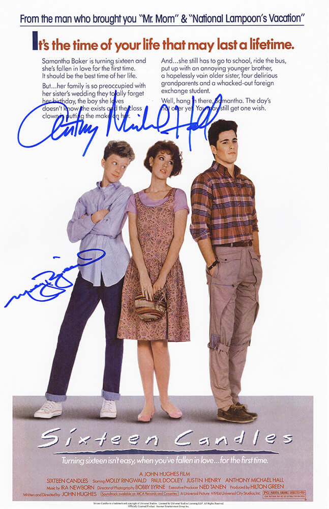 Anthony Michael Hall & Molly Ringwald Dual Signed Sixteen Candles 11x17 Movie Poster - HALPST510 - Anthony Michael Hall & Molly Ringwald Dual Signed Sixteen Candles 11x17 Movie Poster product image