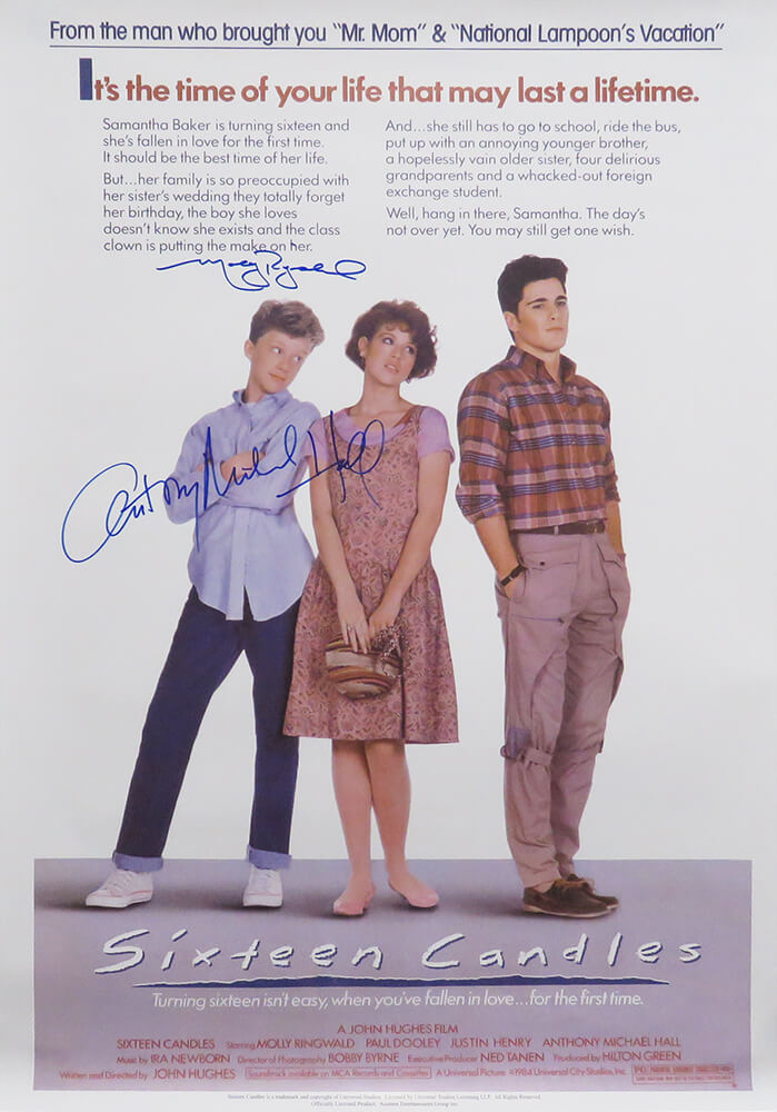 Anthony Michael Hall & Molly Ringwald Dual Signed Sixteen Candles 27x40 Full Size Movie Poster - HALPST511 - Anthony Michael Hall & Molly Ringwald Dual Signed Sixteen Candles 27x40 Full Size Movie Poster product image