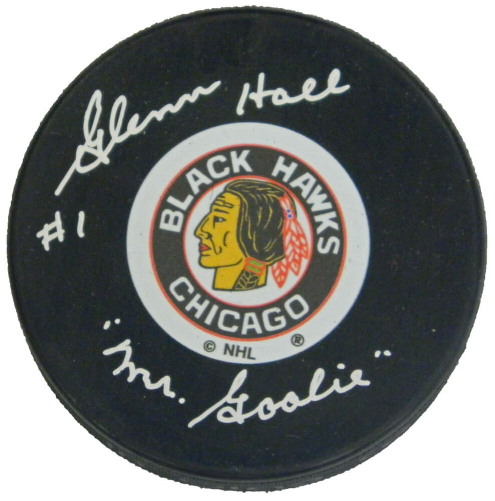 Glenn Hall Signed Chicago Blackhawks Original Six Logo Hockey Puck w/Mr Goalie - HALPUC401 - Glenn Hall Signed Chicago Blackhawks Original Six Logo Hockey Puck w/Mr Goalie product image