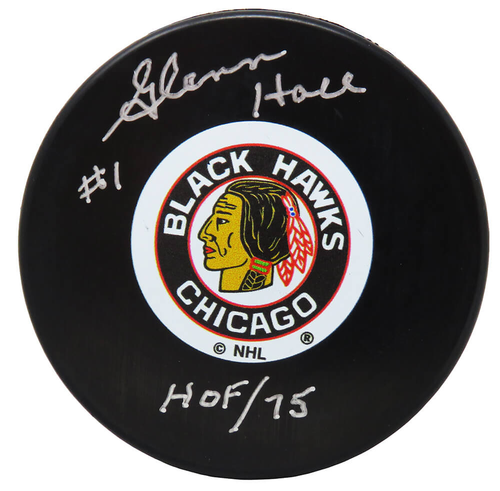Glenn Hall Signed Chicago Blackhawks Logo Hockey Puck w/HOF'75 - HALPUC402 - Glenn Hall Signed Chicago Blackhawks Logo Hockey Puck w/HOF'75 product image