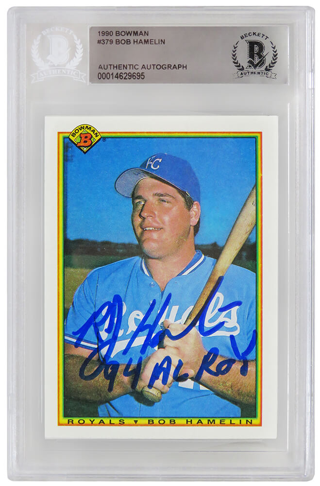 Bob Hamelin Signed Kansas City Royals 1990 Bowman Rookie Baseball Card #379 w/94 AL ROY - (Beckett Encapsulated) - HAMCAR103 - Bob Hamelin Signed Kansas City Royals 1990 Bowman Rookie Baseball Card #379 w/94 AL ROY - (Beckett Encapsulated) product image