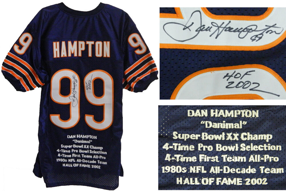 Dan Hampton Signed Navy Custom Embroidered Stat Jersey w/HOF 2002 - HAMJRY301 - Dan Hampton Signed Navy Custom Embroidered Stat Jersey w/HOF 2002 product image