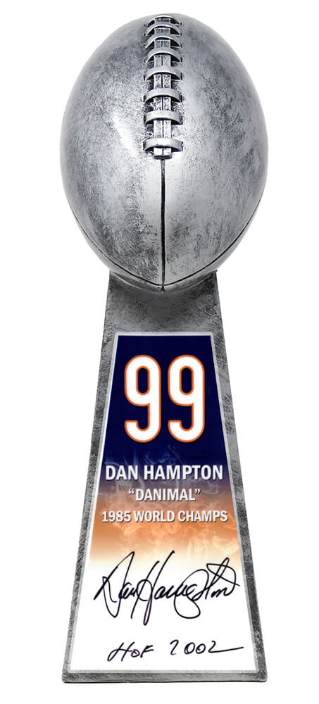Dan Hampton Signed Football World Champion 15 Inch Rep Silver Trophy With #99 Sticker w/HOF 2002 - HAMTRO304 - Dan Hampton Signed Football World Champion 15 Inch Rep Silver Trophy With #99 Sticker w/HOF 2002 product image