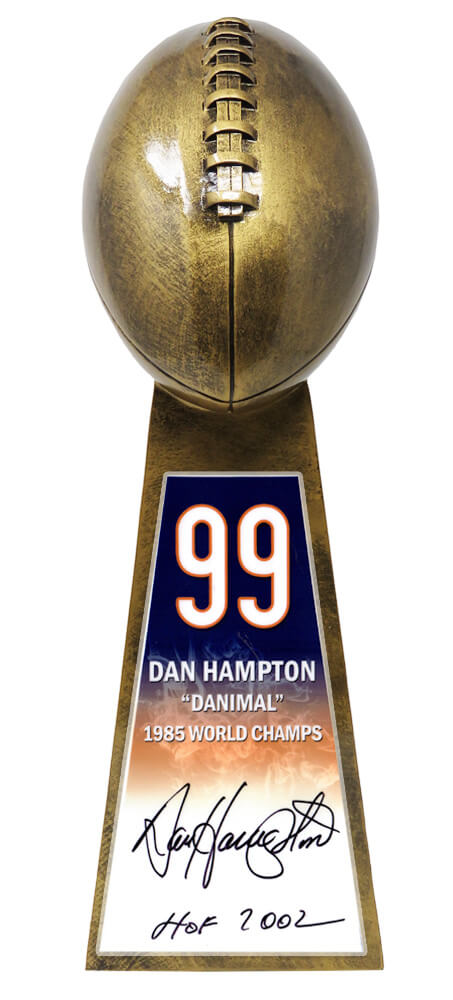 Dan Hampton Signed Football World Champion 15 Inch Rep Gold Trophy With #99 Sticker w/HOF 2002 - HAMTRO305 - Dan Hampton Signed Football World Champion 15 Inch Rep Gold Trophy With #99 Sticker w/HOF 2002 product image