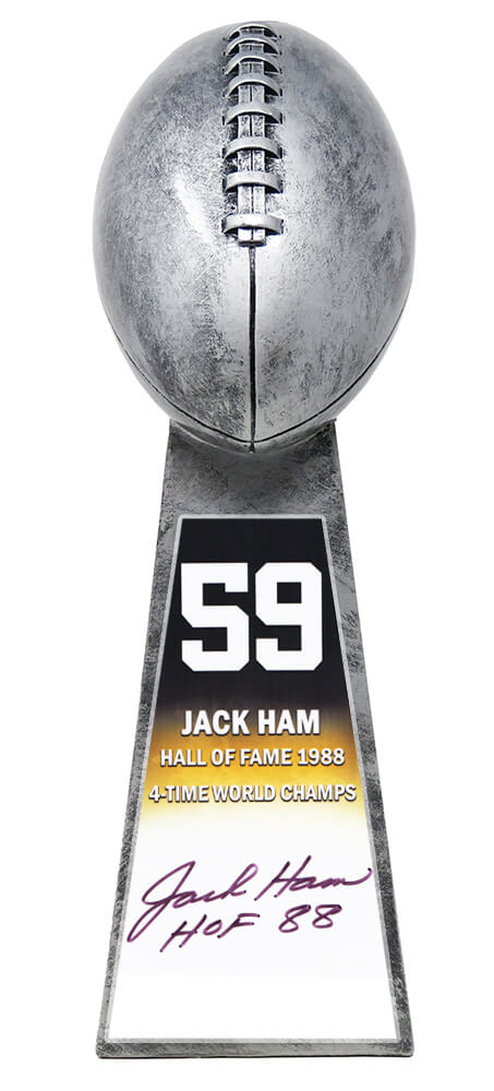 Jack Ham Signed Football World Champion 15 Inch Replica Silver Trophy With #59 Sticker w/HOF'88 - HAMTRO312 - Jack Ham Signed Football World Champion 15 Inch Replica Silver Trophy With #59 Sticker w/HOF'88 product image